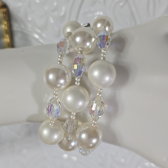 Vendome Faux Pearl and Faceted AB Aurora Borealis Three Strand Vintage Bracelet